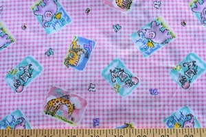 TINY ANIMAL PICTURES ON PINK & WHITE CHECKS 100% COTTON FABRIC BY THE YARD - Picture 1 of 2