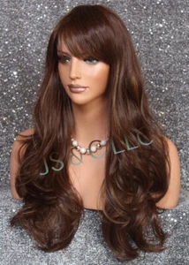 Peluca completa mezcla de cabello humano flequillo ondulado largo calor OK marrón mezcla WBKT 4-27-30 - Imagen 1 de 6