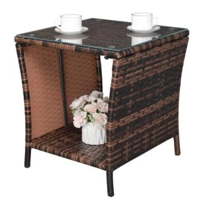 Brown Gradient Wicker Rattan Side Tea Table with Glass Patio Outdoor Furniture - Picture 1 of 12