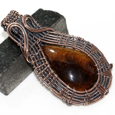 Colgante étnico ojo de tigre envuelto en alambre de cobre hecho a mano joyería tamaño 2,5" GW Foto 1 de 3