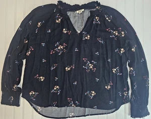 Ana Women’s Black Floral V Neck Ruched Cuff Top Blouse Size XL - Picture 1 of 7
