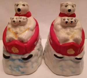 Coke Bears Cubs Coca Cola Winter Sleigh Sled Christmas Salt Pepper Shakers Retro - Picture 1 of 10