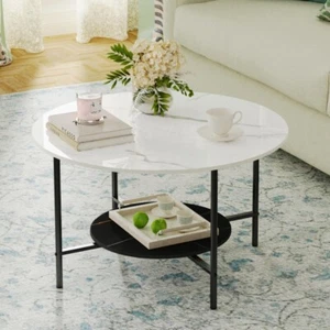 Couchtisch RUND Wohnzimmertisch Weiß Marmor Tisch Sofatisch 2 Ebenen 80x80x48cm - Bild 1 von 21