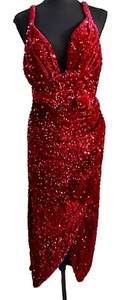 JLUXLABEL Size XL 10-12 Red Maxi Gown Tulip Hem Deep V Sequin Formal Bust 40” - Picture 1 of 11