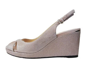 JIMMY CHOO 39 Amely 80 Ballet Pink Glitter Mesh Wedge Sandals Slingbacks 8.5 - Picture 1 of 6