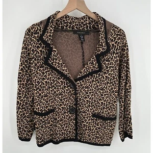 Nine West Cardigan Sweater Women Large Leopard Long Sleeve Button Front Black Ta - Picture 1 of 8
