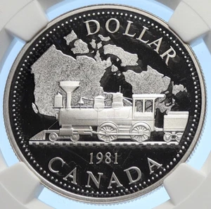 1981 CANADA UK Elizabeth II Railway Train PROOF Silver Dollar Coin NGC i106327 - Picture 1 of 5