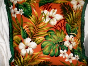 Hawaiian Cotton Barkcloth Fabric 17" PILLOW ~Hibiscus Garden /Vintage Fringe~ - Picture 1 of 1