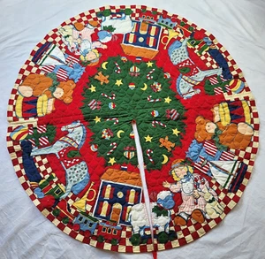 Susan Winget Quilted Christmas Tree Skirt 50x53 Completed Lined Train Toys Flaws - Picture 1 of 20