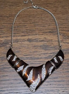 Modische Halskette Collier Kette Strass Emailliert Braun Goldfarben Vintage - Bild 1 von 7