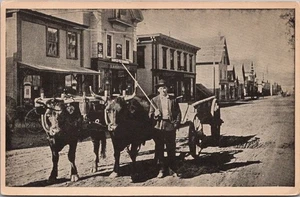 Postal de colección de 1900 ESCENA CALLEJERA hombre con carro de bueyes vagón/ubicación desconocida - Imagen 1 de 2