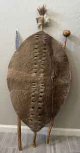 Antique X Large African Zulu Warrior Shield  Wall Art Decor Animal Cowhide Spear - Picture 1 of 14