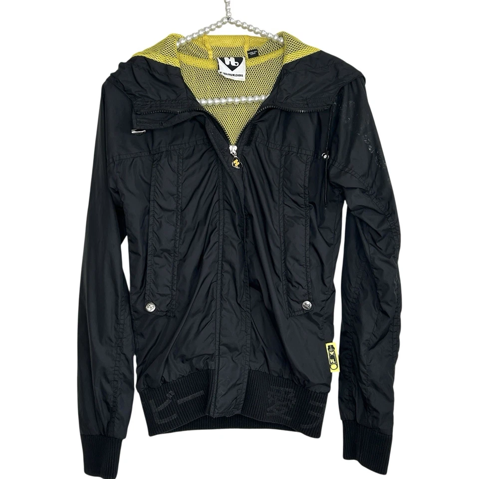 Cortavientos con capucha Harajuku Lovers XS Y2k negro ropa de calle cremallera completa tecnología lluvia Foto 1 de 4