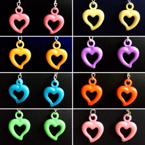 Earrings, dangle, colourful acrylic hearts, retro, festival, neon, quirky, 80's