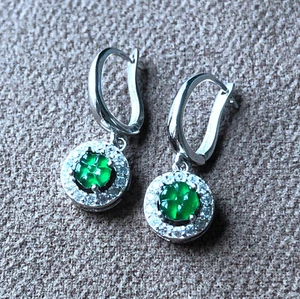 Certified Grade A Jade Jadeite Icy Green Flower Earing Silver Inlaid Untreated - Picture 1 of 12