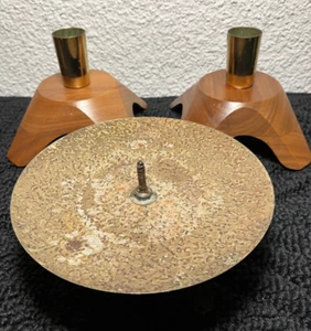 MCM Mid Century Modern Candle Holders 2 Kustom Kraft Wood 1 Vogue Metal Saucer - Picture 1 of 7