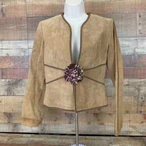 Spiegel Womens Suede Jacket Beige Khaki Animal Print Lined Pom Pom Leather 4 - Picture 1 of 12
