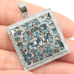 London Blue Topaz 925 Genuine Solid Sterling Silver Pendant 41mm Long - Picture 1 of 2