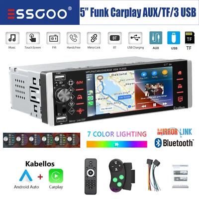 5 Zoll Autoradio Bluetooth 1 DIN Kabellos Apple Carplay Android Auto USB AUX TF - Bild 1 von 4