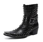 Men Punk Leather Cowboy Ankle Boots Rubber Metal Pointed Toe Buckle Rivets Shoes
