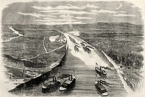Barcos cañoneros de la Unión de la Guerra Civil avanzan por el río Tennessee a Fort Henry estampado vintage - Imagen 1 de 1