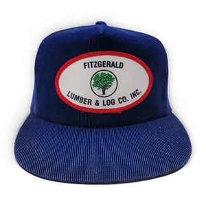Vintage Fitzgerald Lumber Corduroy Hat Log Company Strapback Cap Blue Big Patch - Picture 1 of 9