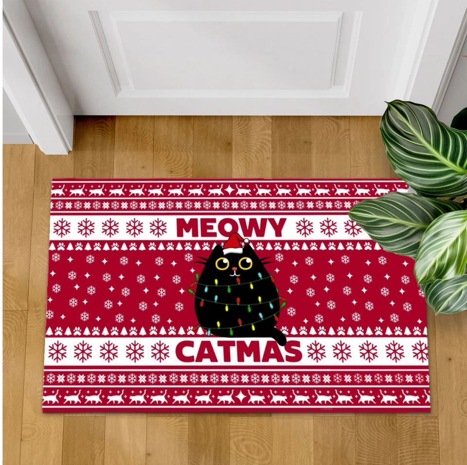 Felpudo feo de Navidad Meowy Catmas, divertida alfombra de bienvenida para gatos, fieltro de poliéster Foto 1 de 4