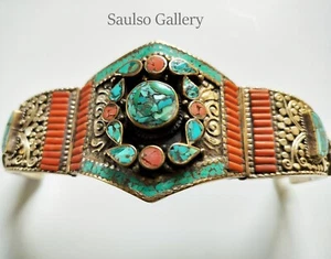 Antique large Tibetan turquoise and coral bracelet - Picture 1 of 7