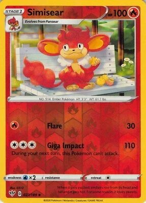 Pokemon - Simisear 027/189 -  Reverse Holo - Darkness Ablaze -NM/M - Image 1 of 2