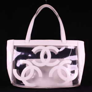 CHANEL Clear PVC & White Patent Logo TRIPLE CC Large Shopping Tote Bag