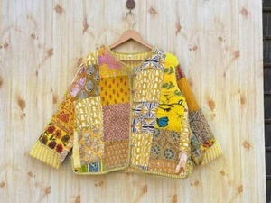 Yellow Patchwork Quilted Cotton Jacket Handmade Cotton Jacket Womens Clothing US - Picture 1 of 4