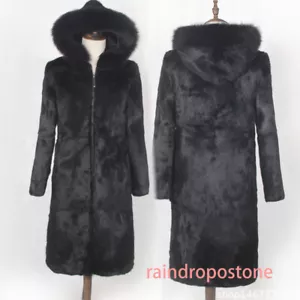 100 % echtes Kaninchenfell Damen Kapuze mittellanger Mantel Winter warme Jacke Oberbekleidung S-3XL - Bild 1 von 17