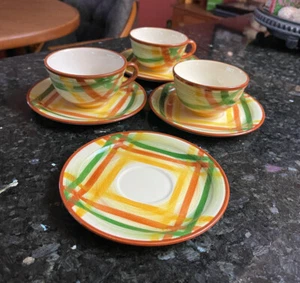 (3) Vintage Vernonware Homespun Hand Painted Coffee Cups& (4 )Saucers - EUC - Picture 1 of 3
