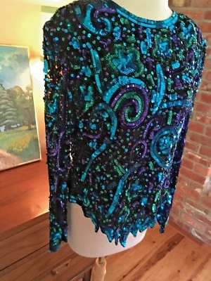 Vtg Silk All Over Sequins Top Kazar Mermaid Ocean Festival Blue Green Purple L - Image 1 of 4