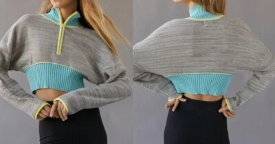 Blusa BDG Urban Outfitters Keegan Cropped Tamanho P LS Meio Zíper Cinza Azul Nova Com Etiqueta - Imagem 1 de 4