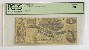 1862 T-45 $1 The Confederate States of America Note - CIVIL WAR Era PMG VF 20 - Picture 1 of 4