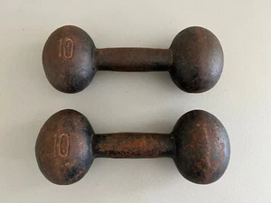 Vintage Antique Cast Iron Dumbbells Round Head Hand Weight 10 Lbs (20lbs Total) - Picture 1 of 3