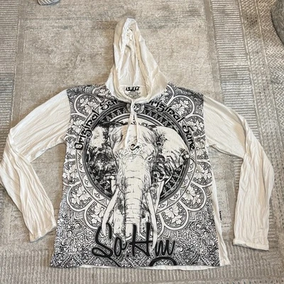 Pulôver com capuz Sure Design preto e branco unissex médio elefante boho hippie - Imagem 1 de 4