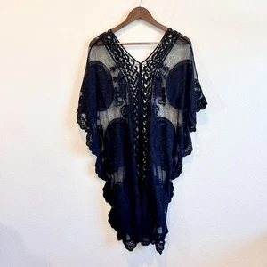 Vince Camuto transparenter bestickter Spitzenpullover Poncho Oberteil One Size Boho Chic - Bild 1 von 10