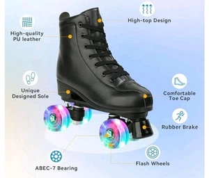 Black Roller Skates, Double-Row Unisex, Size 37/Women Us7/Men 5.5 Wheel Flash - Picture 1 of 10