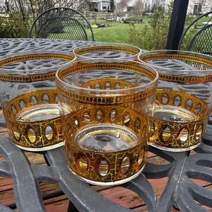 Vtg Set 4 Culver ANTIGUA Flared Old-Fashioned Low Ball Glass Barware 22k Gold - Picture 1 of 7