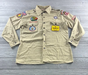 Boy Scouts of America BSA Men's Shirt Tan Medium Patches Long Sleeve Beige - Picture 1 of 7