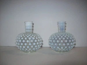 Vintage Anchor Hocking Hobnail Moonstone Opalescent White Clear Glass Bud Vases - Picture 1 of 12
