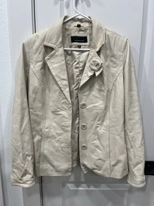 Abrigo chaqueta de cuero genuino Jones New York Lux años 90 blanco roto desgastado - Imagen 1 de 19