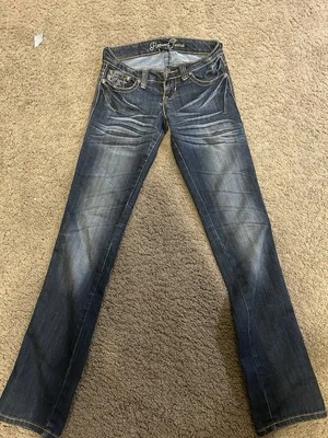 Pantalones de mezclilla ajustados lavados oscuros bordados talla 24 Y2K Request Foto 1 de 3