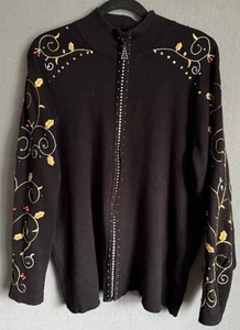 Quacker Factory Cardigan Sweater Women XL Black  Embellished Zip Beaded Holiday - Picture 1 of 13
