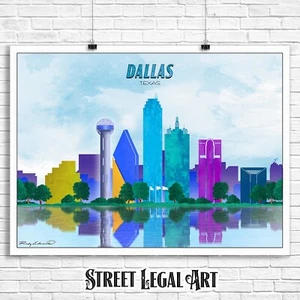 Dallas Texas City Watercolor Skyline Print, Poster, Travel Decor, Wall Art - Picture 1 of 3