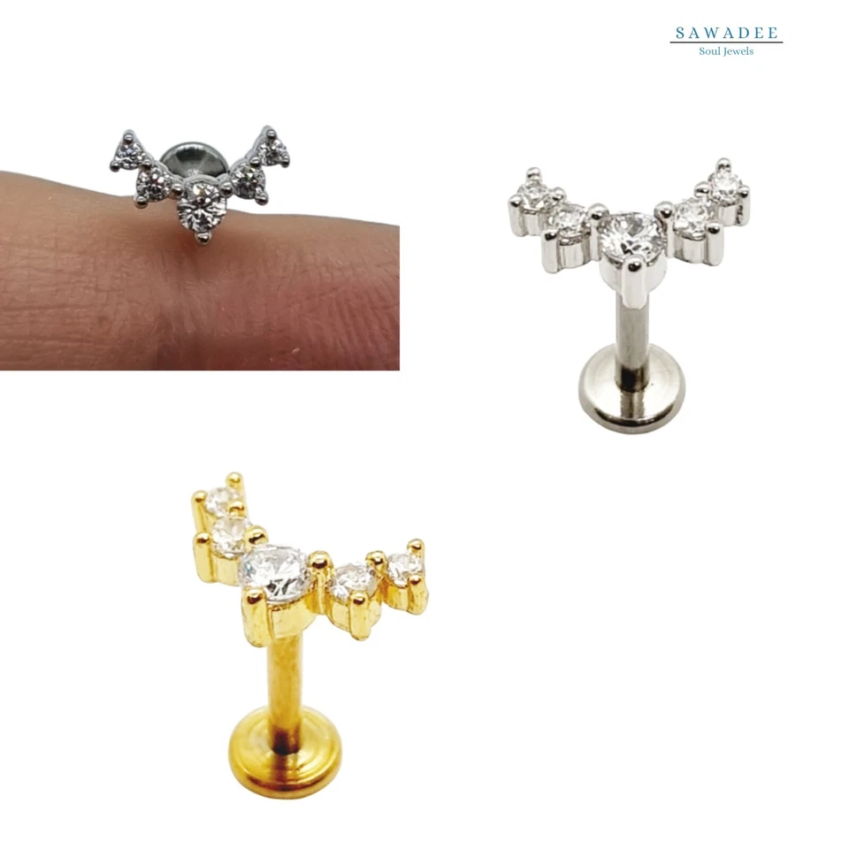 Piercing da orecchio in acciaio al trago per elix con zirconi argento e oro - Immagine 1 di 4