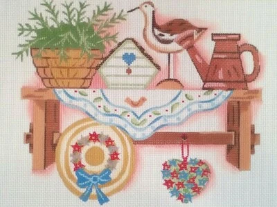 SHELBI needlepoint HP handpaint canvas SHELF with BIRD fern hat country 13m 12x9 - Image 1 of 4