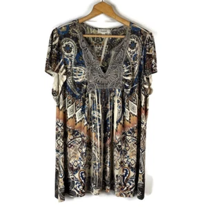 Dressbarn Damen Tunika Oberteil Größe 3X Braun Paisley Häkel V-Ausschnitt Kurzarm - Bild 1 von 9